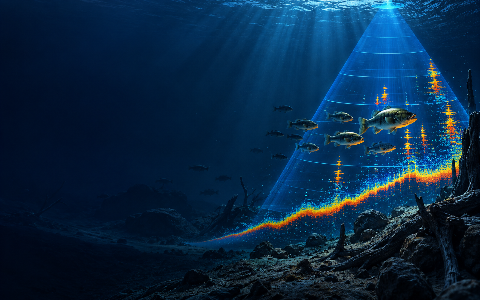 Peixes sob a água atravessados pelo feixe de um sonar